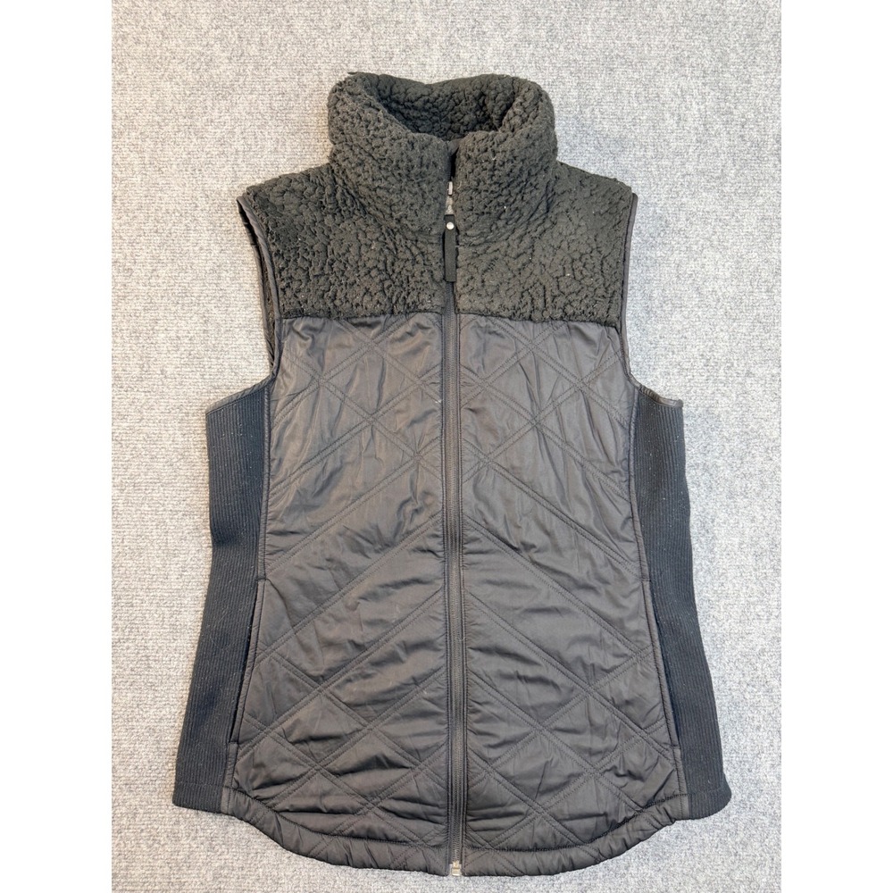 Prana Womens Medium Black Quilted Sherpa Fleece FullZip Vest Outdoor Hiking Puff